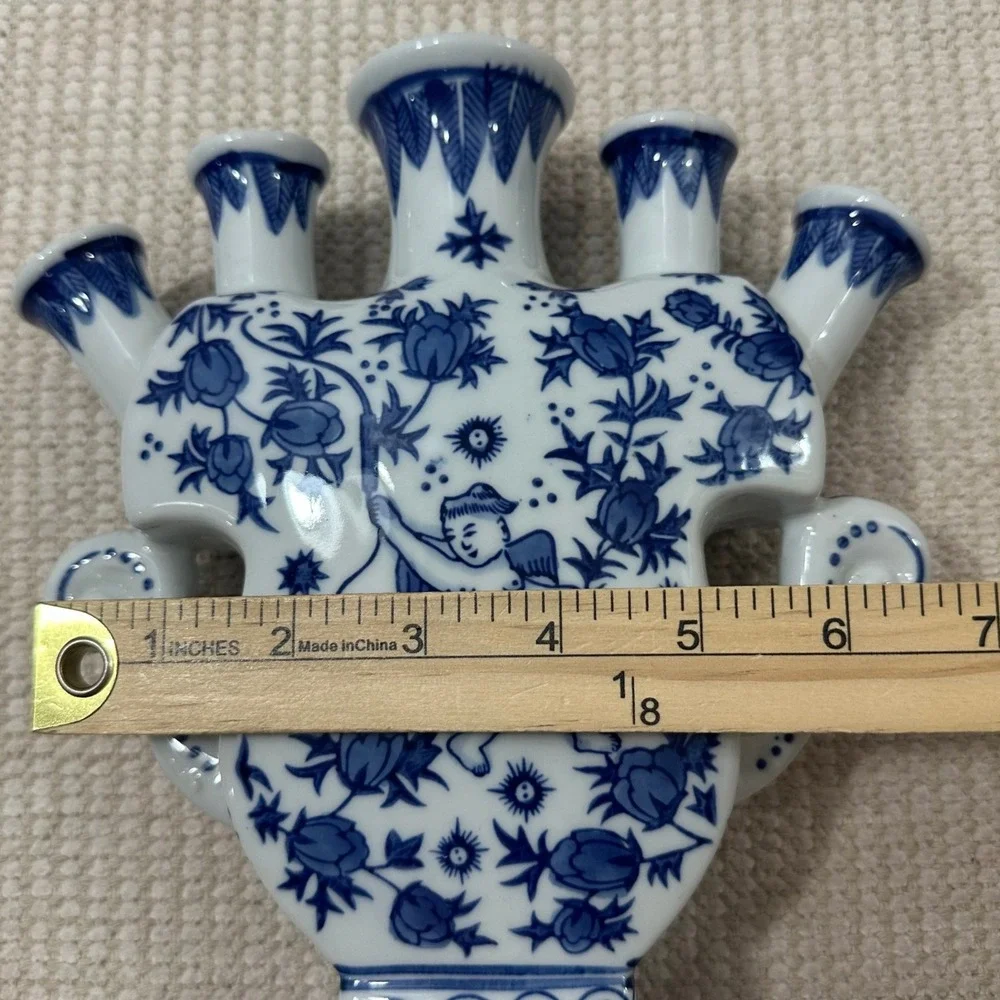 Blue White Ceramic Tulipiere Vase Cherub Floral 5 Spout Chinoiserie 9.5in